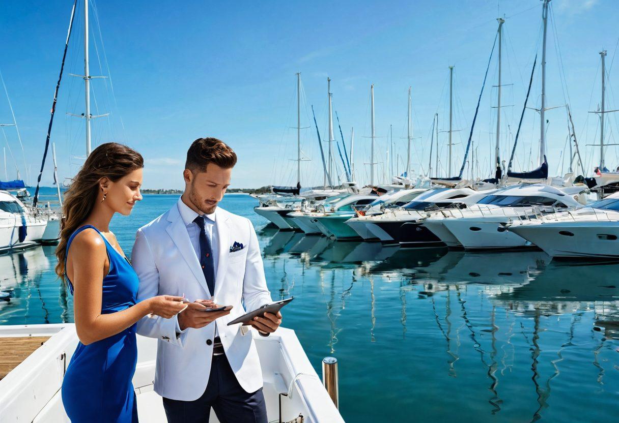 A serene marina scene featuring various yachts docked under a clear blue sky. The focus is on a well-dressed couple reviewing an insurance policy on a tablet, surrounded by nautical elements like ropes and compasses. In the background, playful dolphins are jumping out of the water, symbolizing adventure and protection. The overall atmosphere conveys a blend of relaxation and safety. super-realistic. vibrant colors. white background.