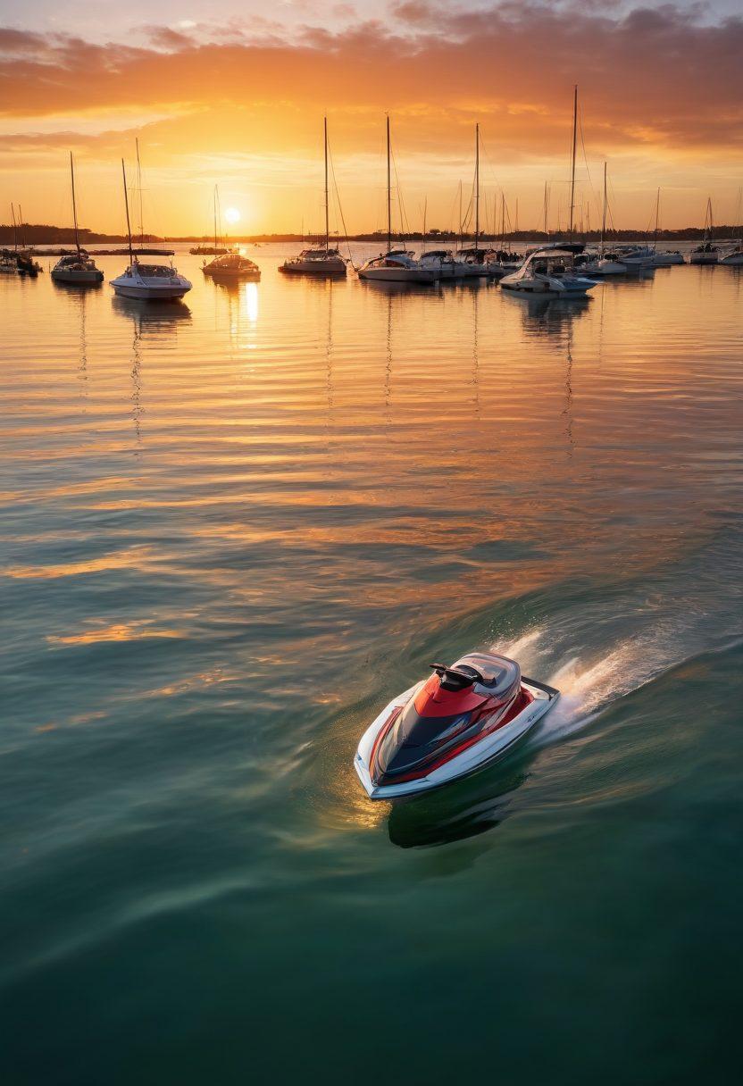 A serene waterscape featuring various watercraft, including a sailboat, jet ski, and yacht, all secured with bright insurance shields representing coverage options. In the background, a vibrant sunset casts colorful reflections on the water, symbolizing safety and adventure. Incorporate elements like life vests and safety buoys to emphasize protection. super-realistic. vibrant colors.
