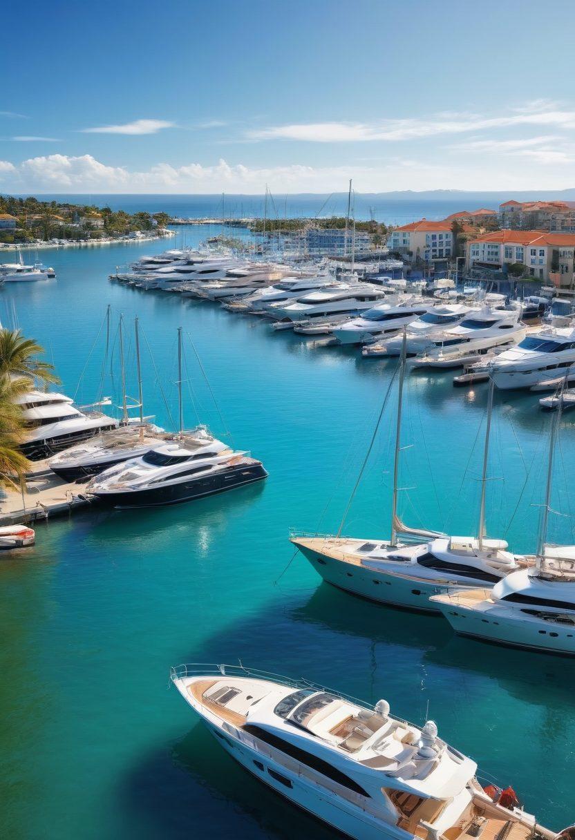 A serene marina scene with various luxury yachts docked against a backdrop of calm blue waters, under a bright sunny sky. Include a knowledgeable insurance agent discussing key aspects of coverage with a yacht owner. Incorporate elements like nautical charts and marine equipment subtly in the foreground, enhancing the theme of guidance in marine insurance. super-realistic. vibrant colors. digital art.